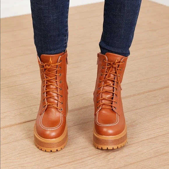 Lace Up Tan Platform Fall Boots - Picture 8 of 9